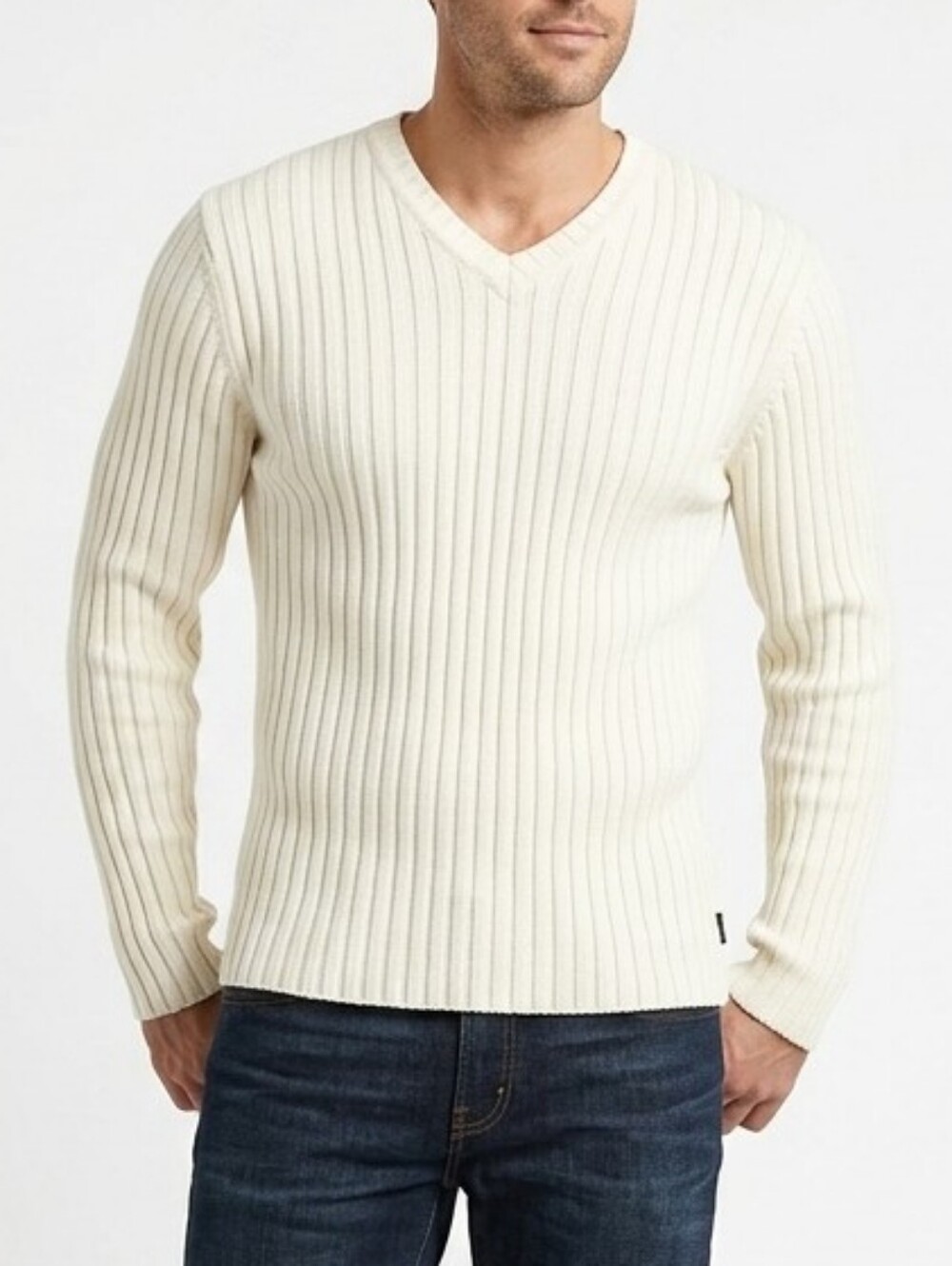 Vintage Y2K Roots Cream Ribbed V-Neck Sweater 100% Cotton Sz L